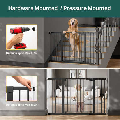 Extra Wide Baby Gate for Stairs and Indoor Use, 29.7-51.5 inches, Auto Close with Double Lock, Award-Winning Design for Toddlers and Pets, Pressure Mounted, Black