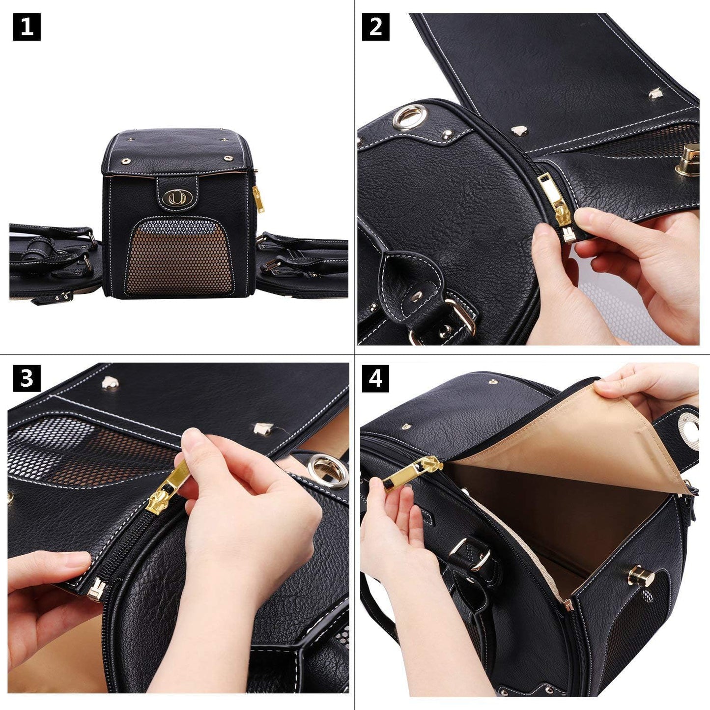 Premium Waterproof PU Leather Dog Carrier Purse - Foldable Portable Pet Travel Bag for Cats and Small Dogs - Black