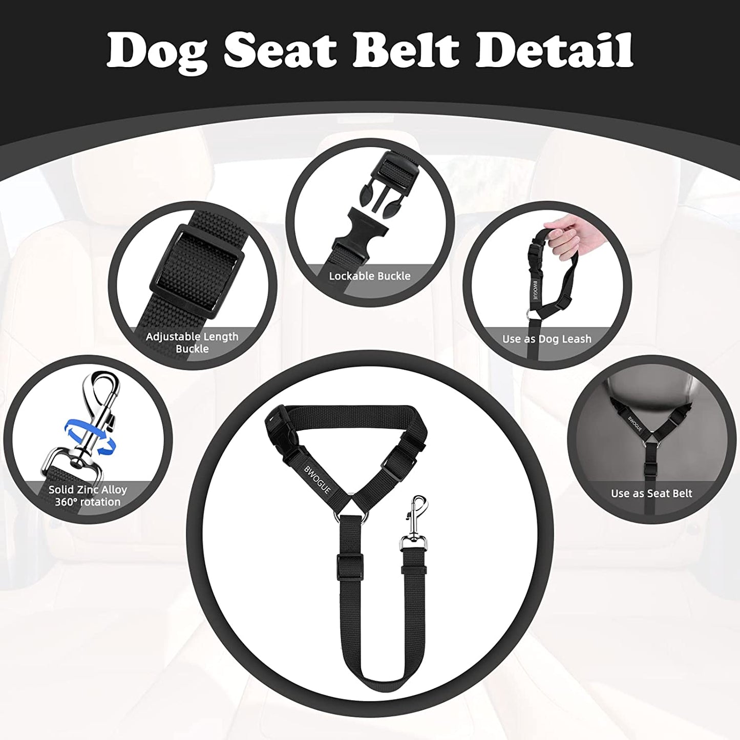 Adjustable Dog Seat Belt for Car Travel with Headrest Restraint, 2-in-1 Leash and Safety Lead for Dogs and Cats, 18-30 inches, Compatible with Dog Harness, Zinc Alloy Snap