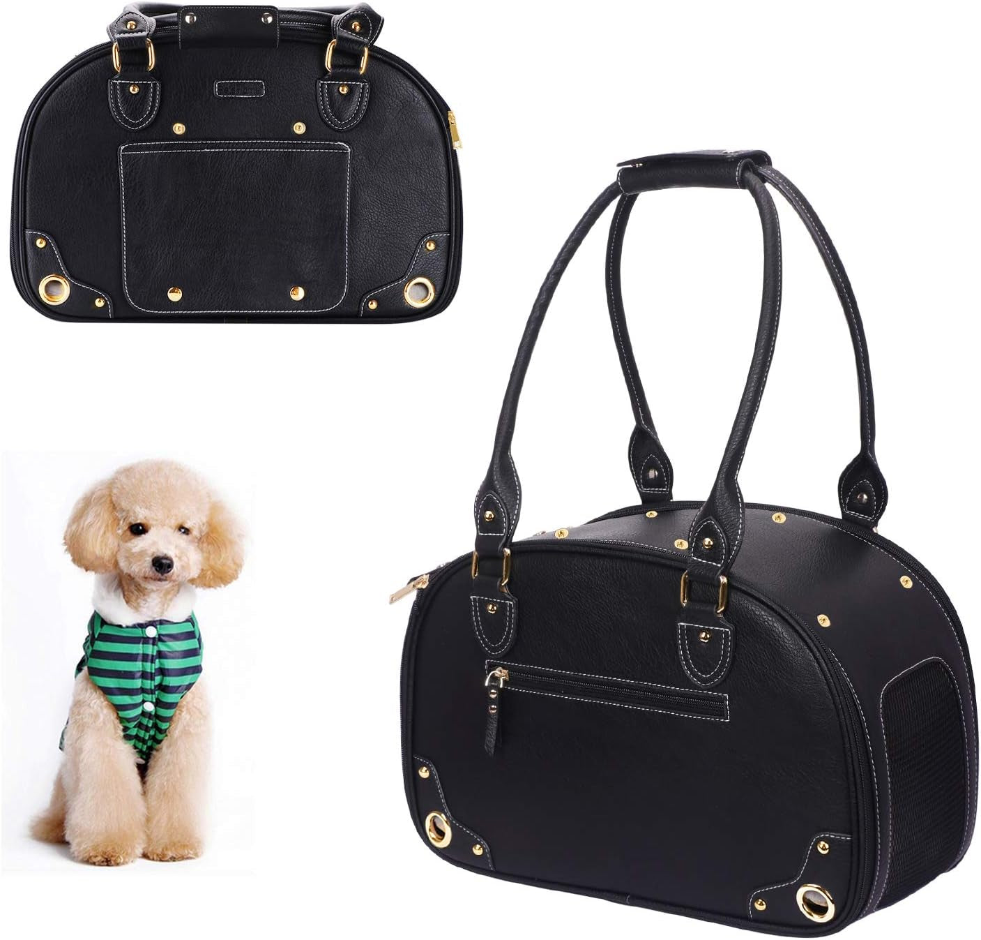 Premium Waterproof PU Leather Dog Carrier Purse - Foldable Portable Pet Travel Bag for Cats and Small Dogs - Black