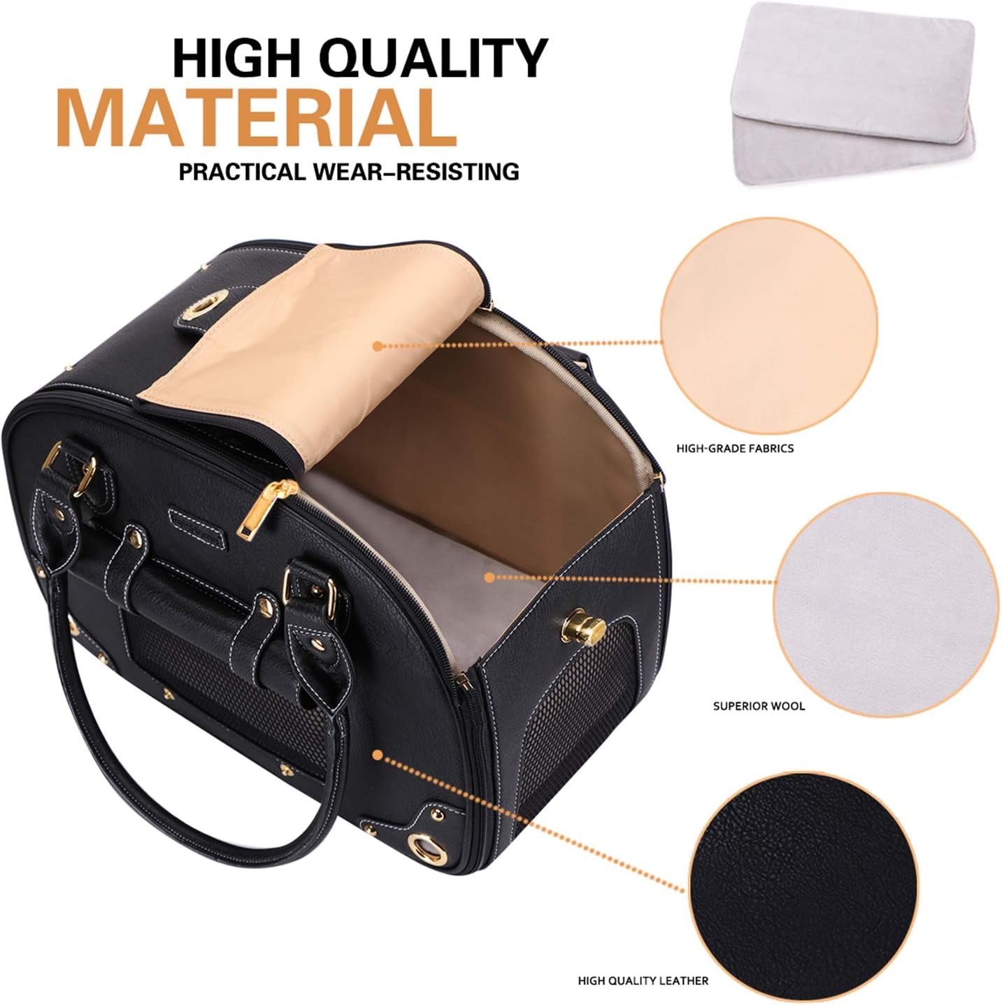 Premium Waterproof PU Leather Dog Carrier Purse - Foldable Portable Pet Travel Bag for Cats and Small Dogs - Black