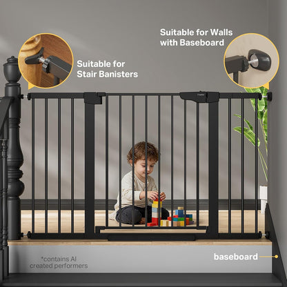 Extra Wide Baby Gate for Stairs and Indoor Use, 29.7-51.5 inches, Auto Close with Double Lock, Award-Winning Design for Toddlers and Pets, Pressure Mounted, Black
