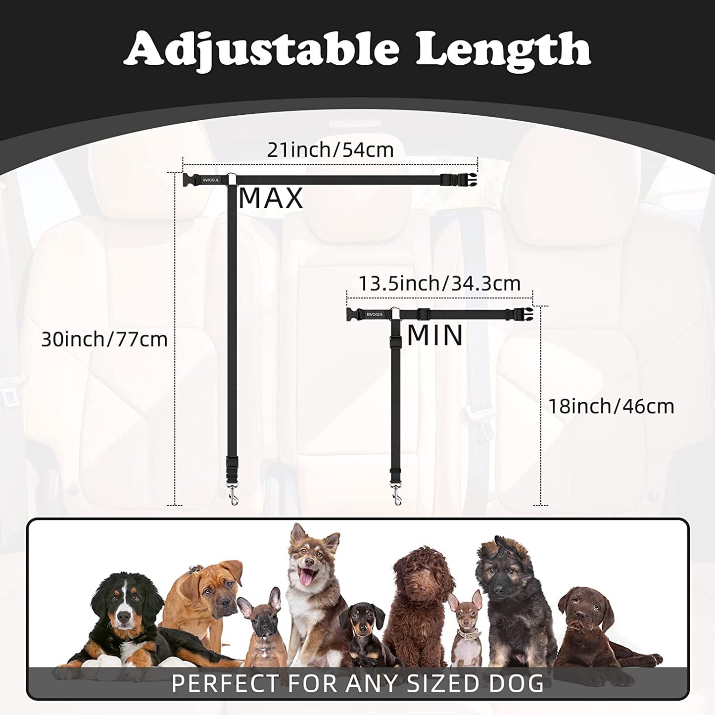 Adjustable Dog Seat Belt for Car Travel with Headrest Restraint, 2-in-1 Leash and Safety Lead for Dogs and Cats, 18-30 inches, Compatible with Dog Harness, Zinc Alloy Snap