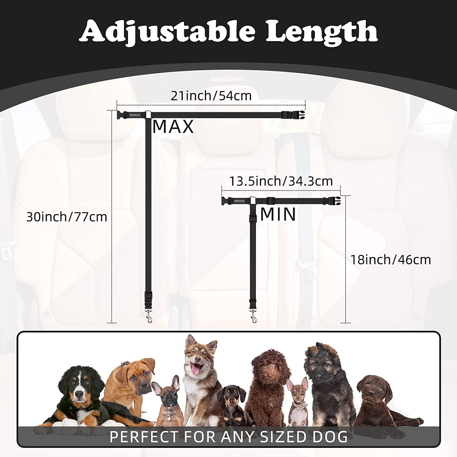 Adjustable Dog Seat Belt for Car Travel with Headrest Restraint, 2-in-1 Leash and Safety Lead for Dogs and Cats, 18-30 inches, Compatible with Dog Harness, Zinc Alloy Snap