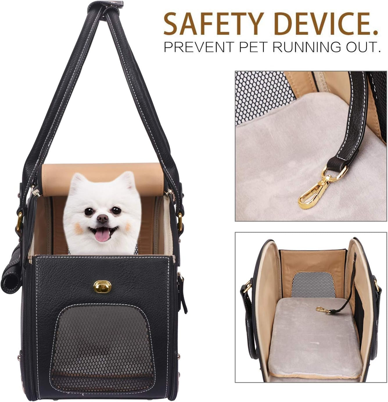 Premium Waterproof PU Leather Dog Carrier Purse - Foldable Portable Pet Travel Bag for Cats and Small Dogs - Black