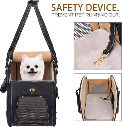 Premium Waterproof PU Leather Dog Carrier Purse - Foldable Portable Pet Travel Bag for Cats and Small Dogs - Black