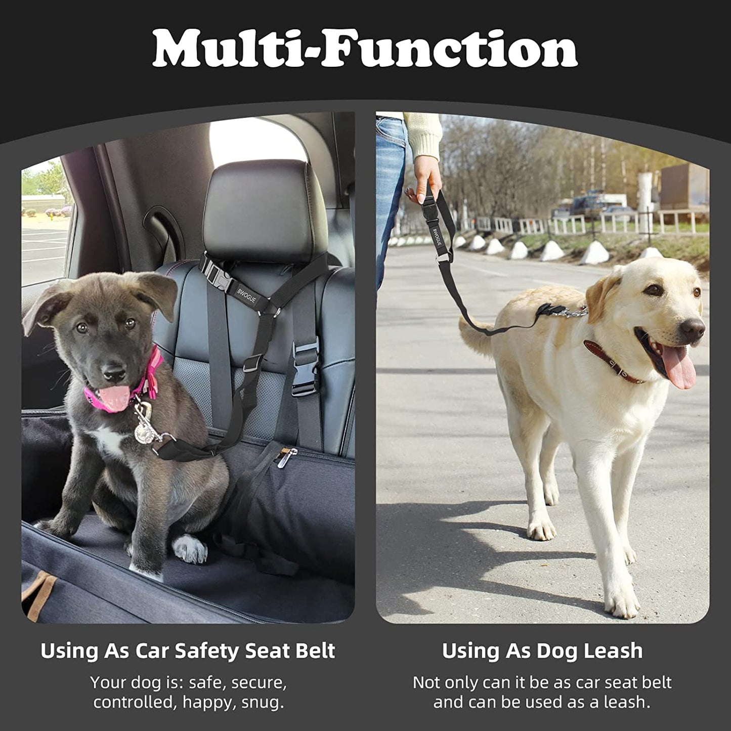 Adjustable Dog Seat Belt for Car Travel with Headrest Restraint, 2-in-1 Leash and Safety Lead for Dogs and Cats, 18-30 inches, Compatible with Dog Harness, Zinc Alloy Snap