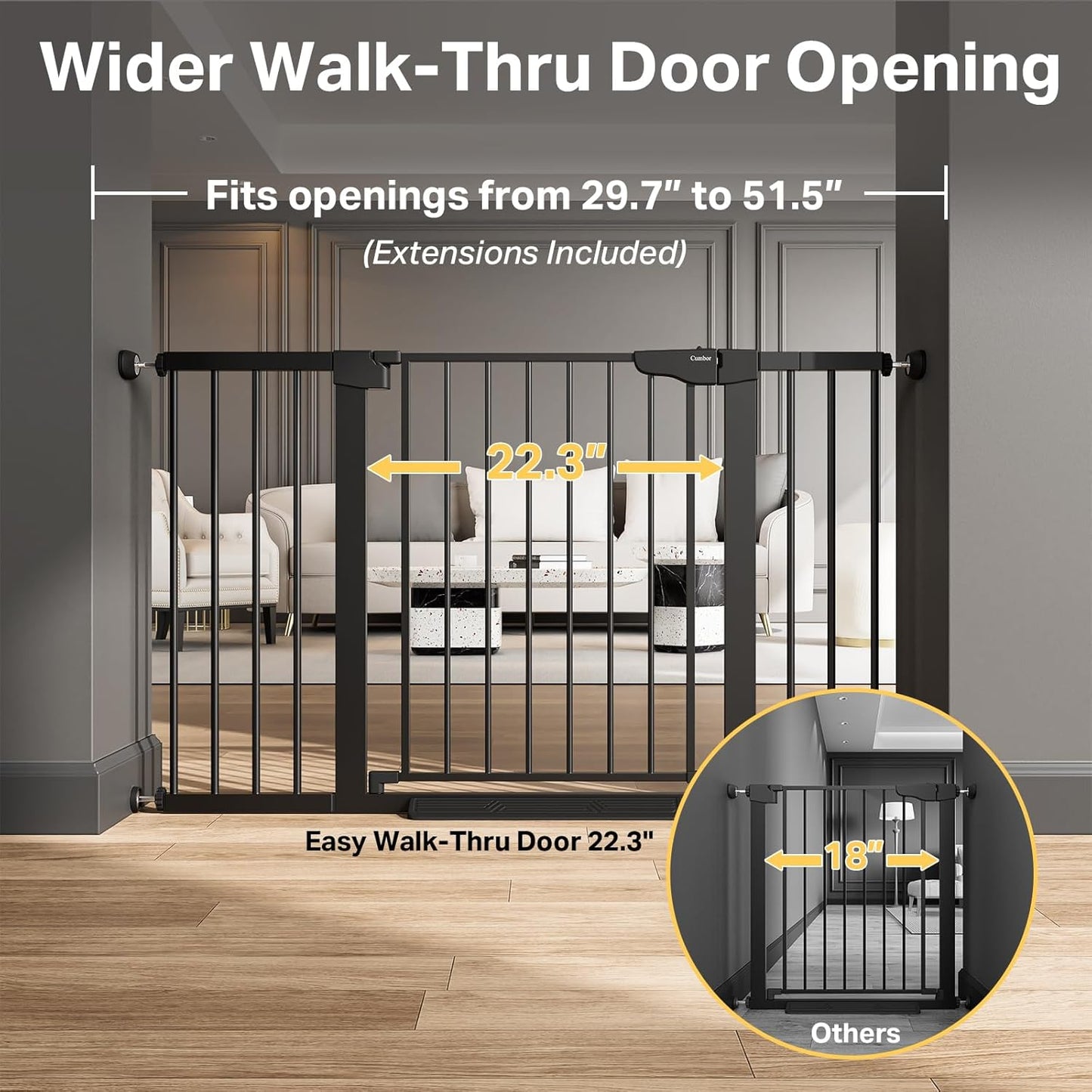 Extra Wide Baby Gate for Stairs and Indoor Use, 29.7-51.5 inches, Auto Close with Double Lock, Award-Winning Design for Toddlers and Pets, Pressure Mounted, Black