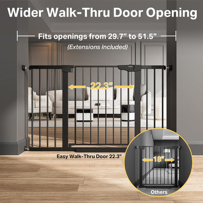 Extra Wide Baby Gate for Stairs and Indoor Use, 29.7-51.5 inches, Auto Close with Double Lock, Award-Winning Design for Toddlers and Pets, Pressure Mounted, Black