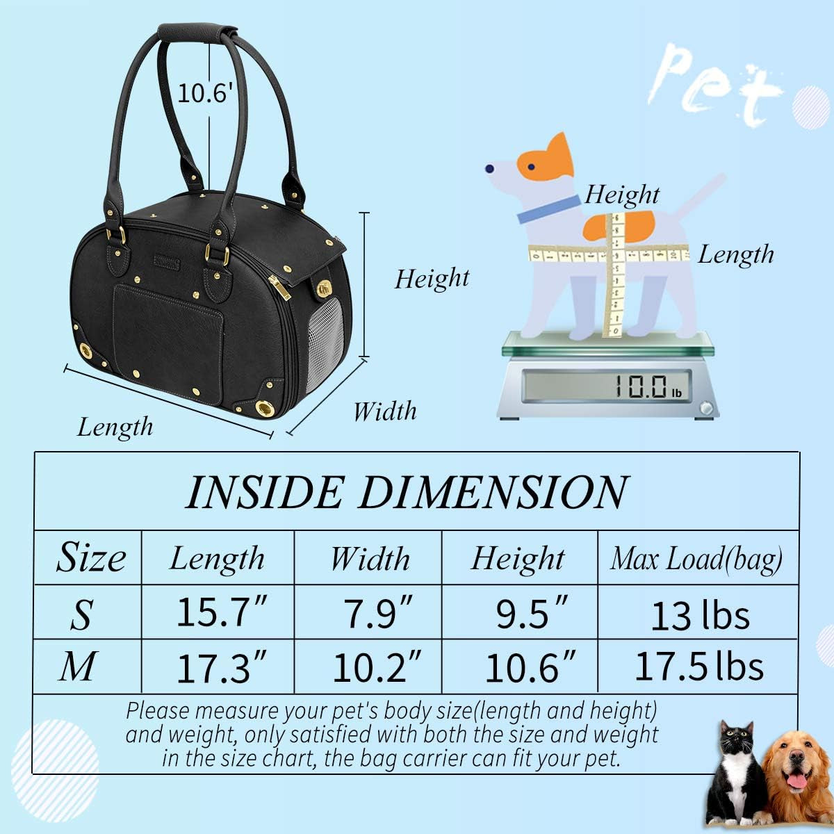 Premium Waterproof PU Leather Dog Carrier Purse - Foldable Portable Pet Travel Bag for Cats and Small Dogs - Black