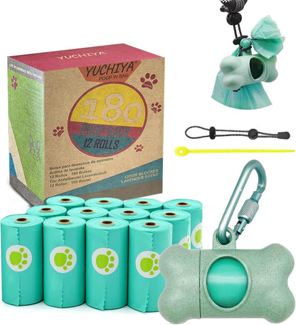 Dog Waste Bag Dispenser with Leak-Proof Scented Bags and Secure Carabiner (1 Holder, 195 Bags, Blue)