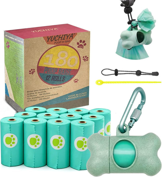 Dog Waste Bag Dispenser with Leak-Proof Scented Bags and Secure Carabiner (1 Holder, 195 Bags, Blue)