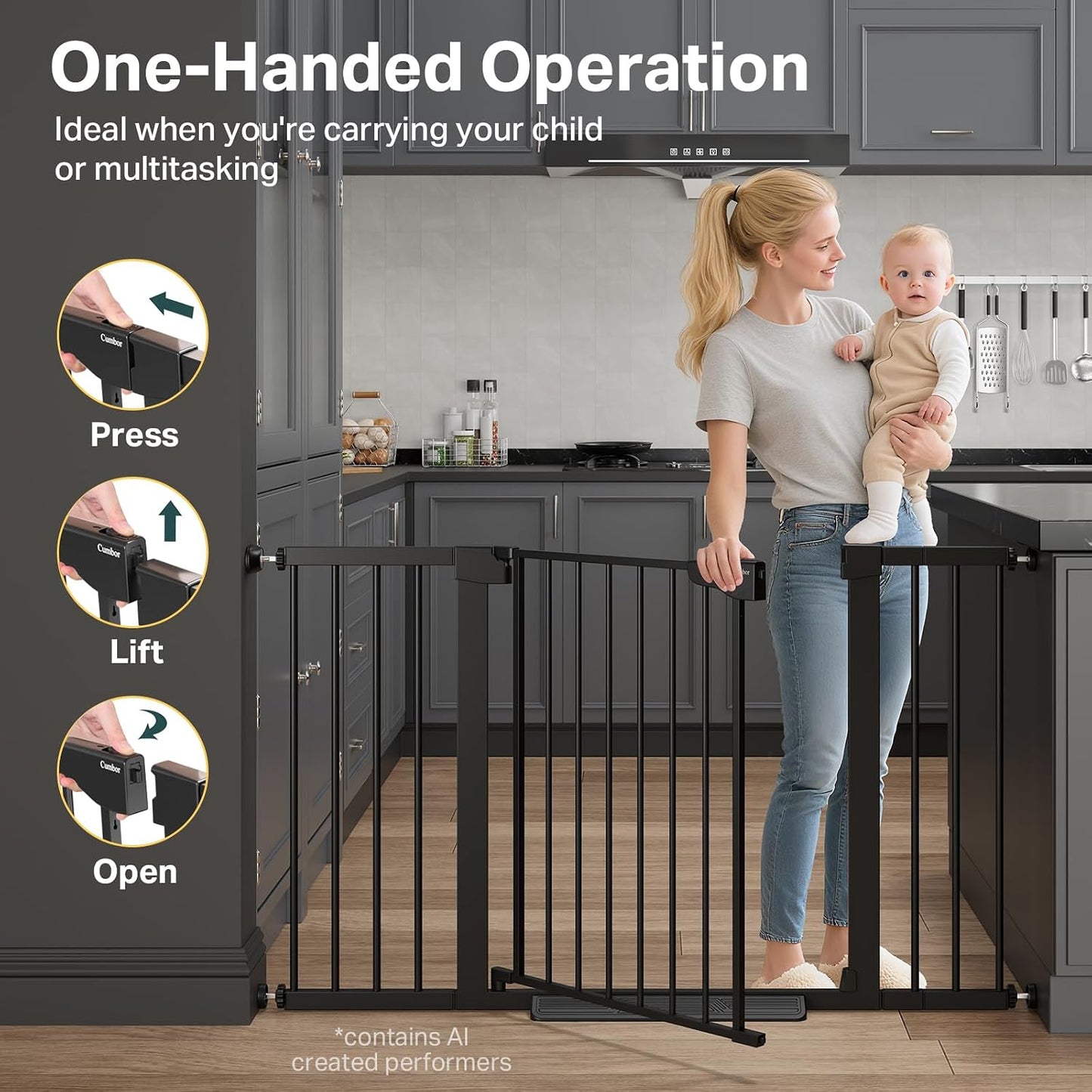 Extra Wide Baby Gate for Stairs and Indoor Use, 29.7-51.5 inches, Auto Close with Double Lock, Award-Winning Design for Toddlers and Pets, Pressure Mounted, Black