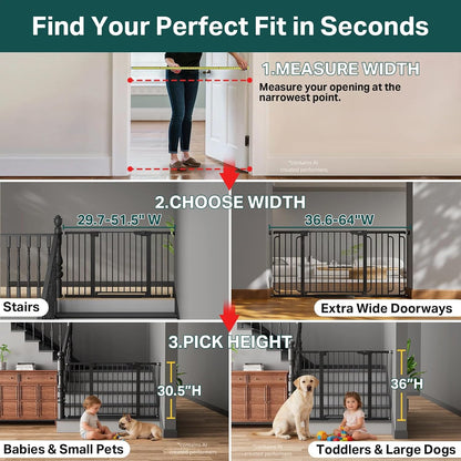 Extra Wide Baby Gate for Stairs and Indoor Use, 29.7-51.5 inches, Auto Close with Double Lock, Award-Winning Design for Toddlers and Pets, Pressure Mounted, Black