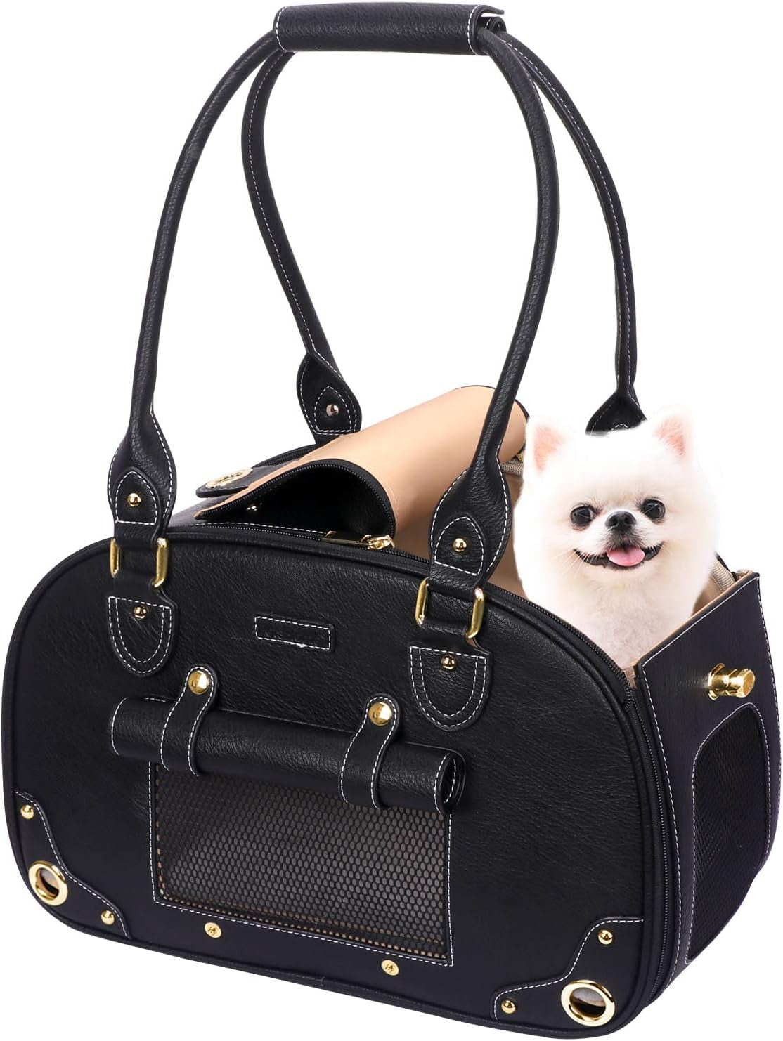 Premium Waterproof PU Leather Dog Carrier Purse - Foldable Portable Pet Travel Bag for Cats and Small Dogs - Black