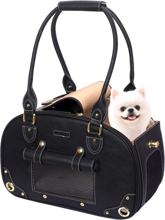 Premium Waterproof PU Leather Dog Carrier Purse - Foldable Portable Pet Travel Bag for Cats and Small Dogs - Black