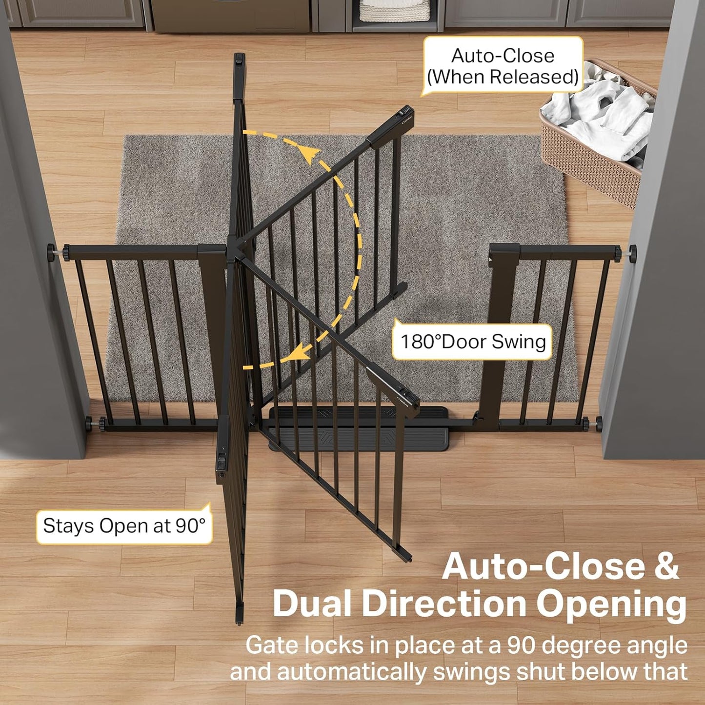 Extra Wide Baby Gate for Stairs and Indoor Use, 29.7-51.5 inches, Auto Close with Double Lock, Award-Winning Design for Toddlers and Pets, Pressure Mounted, Black