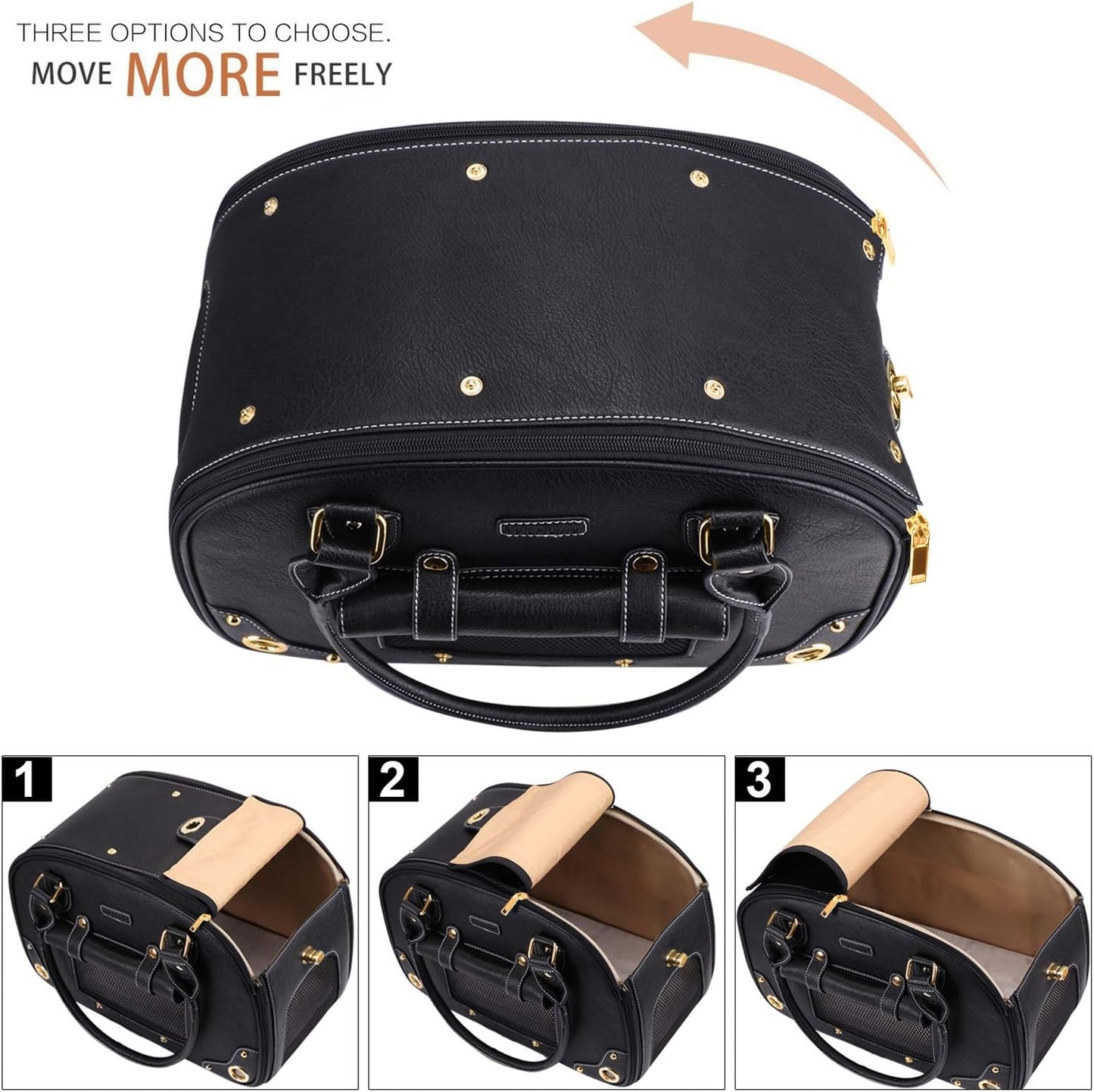 Premium Waterproof PU Leather Dog Carrier Purse - Foldable Portable Pet Travel Bag for Cats and Small Dogs - Black