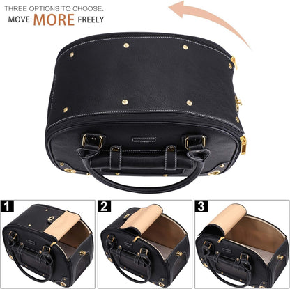 Premium Waterproof PU Leather Dog Carrier Purse - Foldable Portable Pet Travel Bag for Cats and Small Dogs - Black